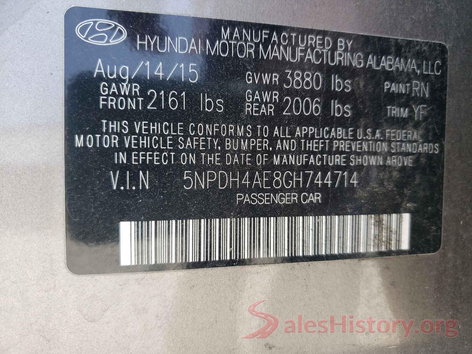 5NPDH4AE8GH744714 2016 HYUNDAI ELANTRA