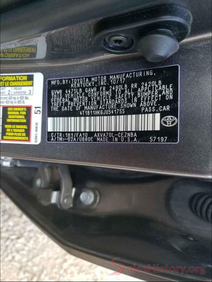 4T1B11HK6JU541755 2018 TOYOTA CAMRY