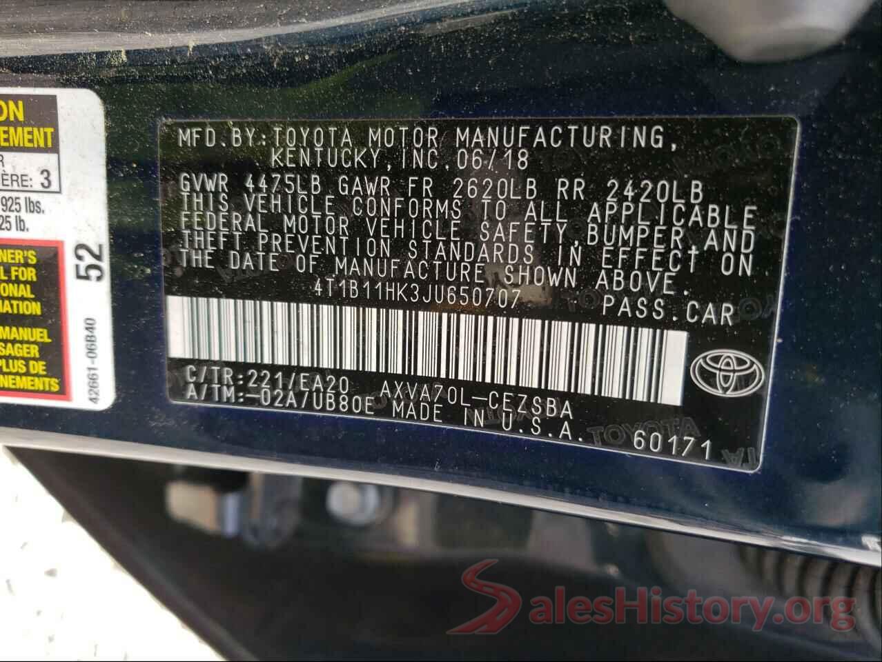 4T1B11HK3JU650707 2018 TOYOTA CAMRY