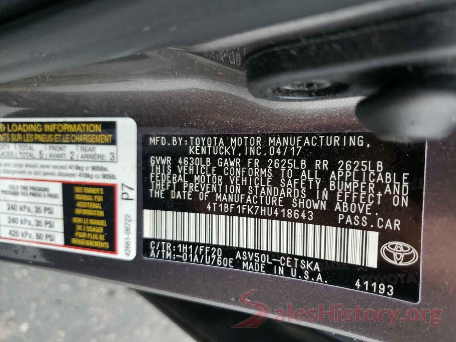 4T1BF1FK7HU418643 2017 TOYOTA CAMRY