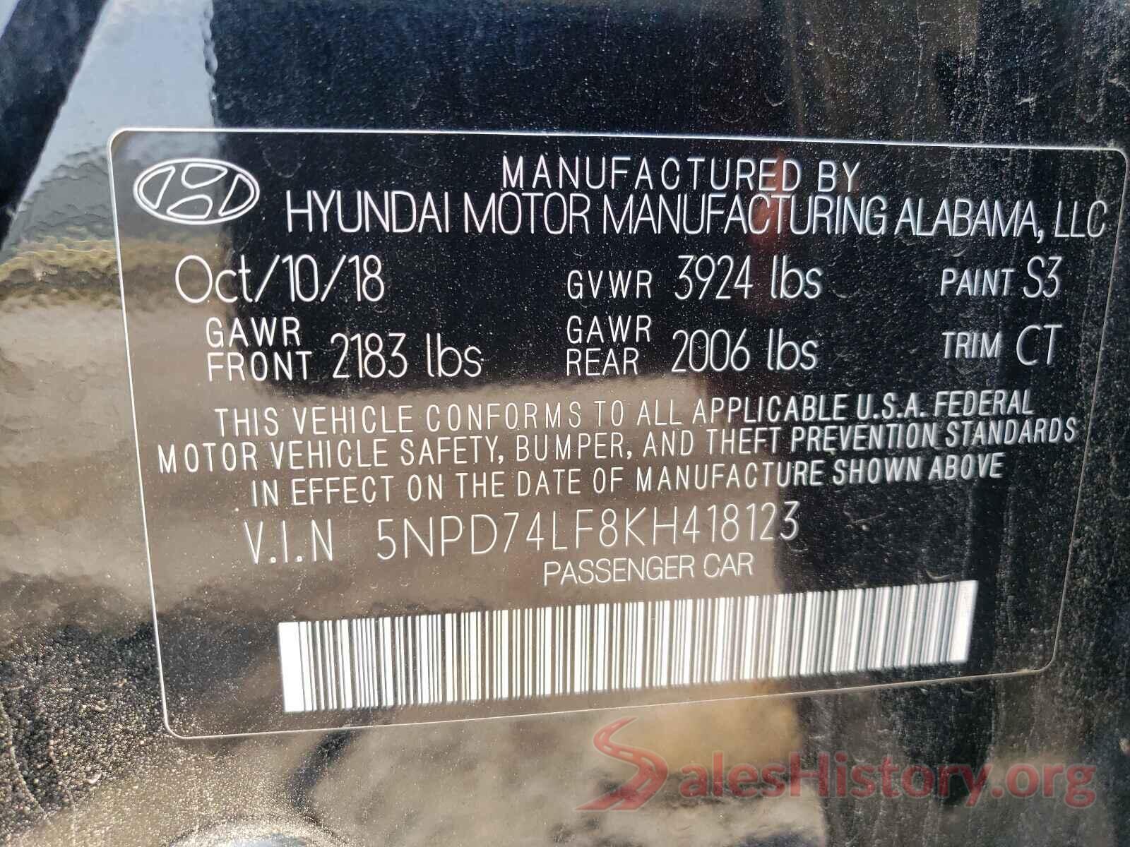 5NPD74LF8KH418123 2019 HYUNDAI ELANTRA