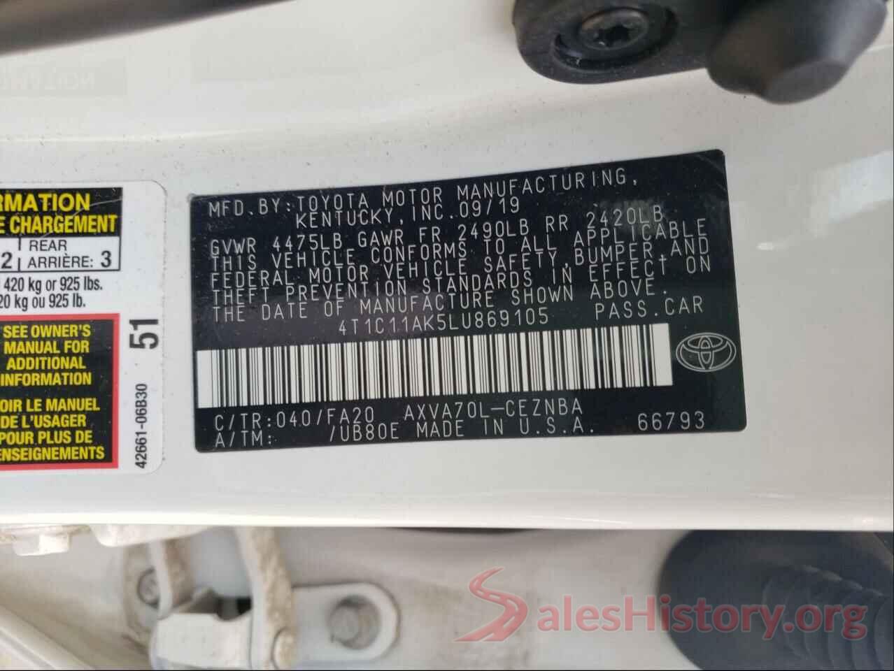 4T1C11AK5LU869105 2020 TOYOTA CAMRY