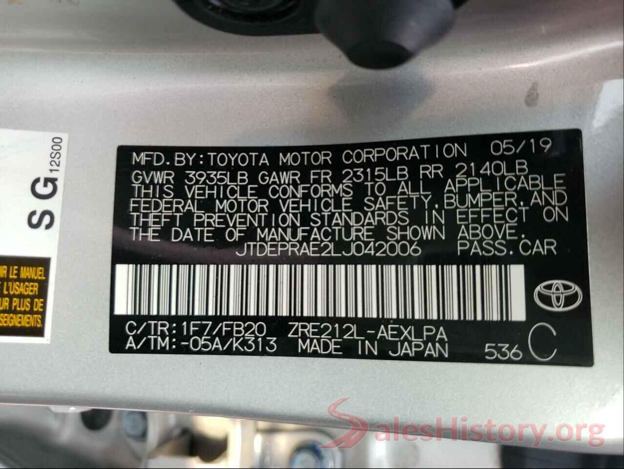 JTDEPRAE2LJ042006 2020 TOYOTA COROLLA