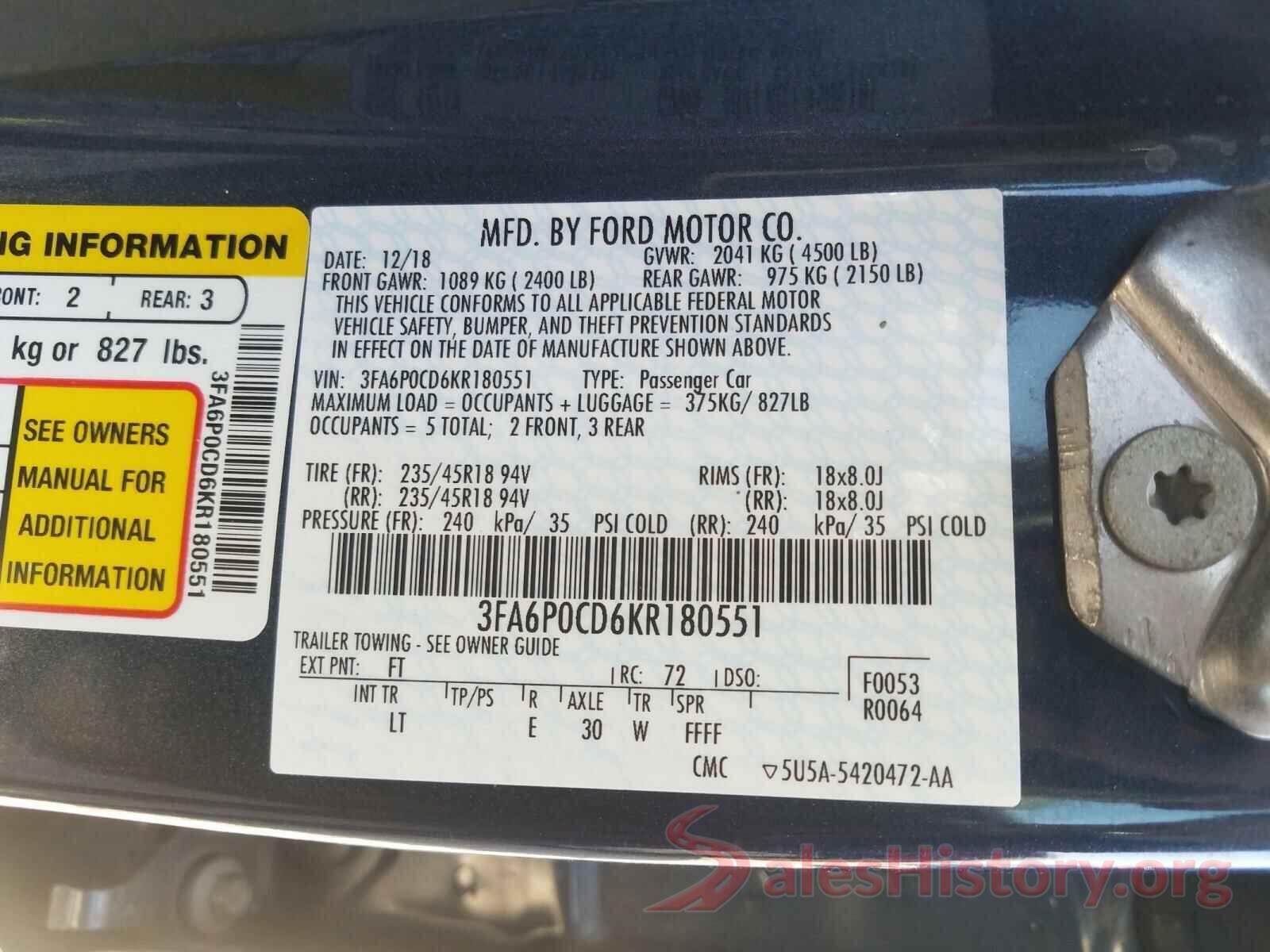 3FA6P0CD6KR180551 2019 FORD FUSION