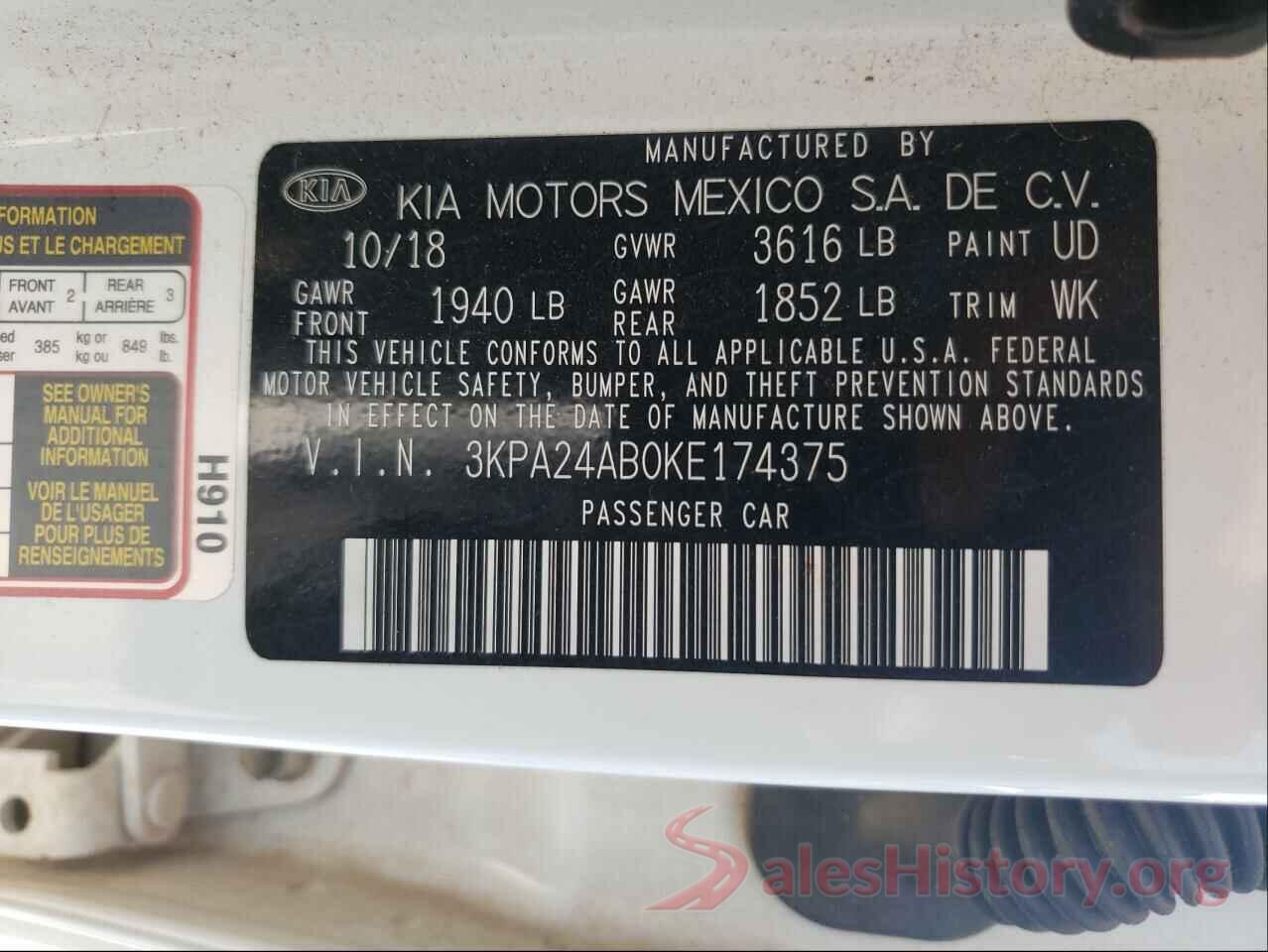 3KPA24AB0KE174375 2019 KIA RIO