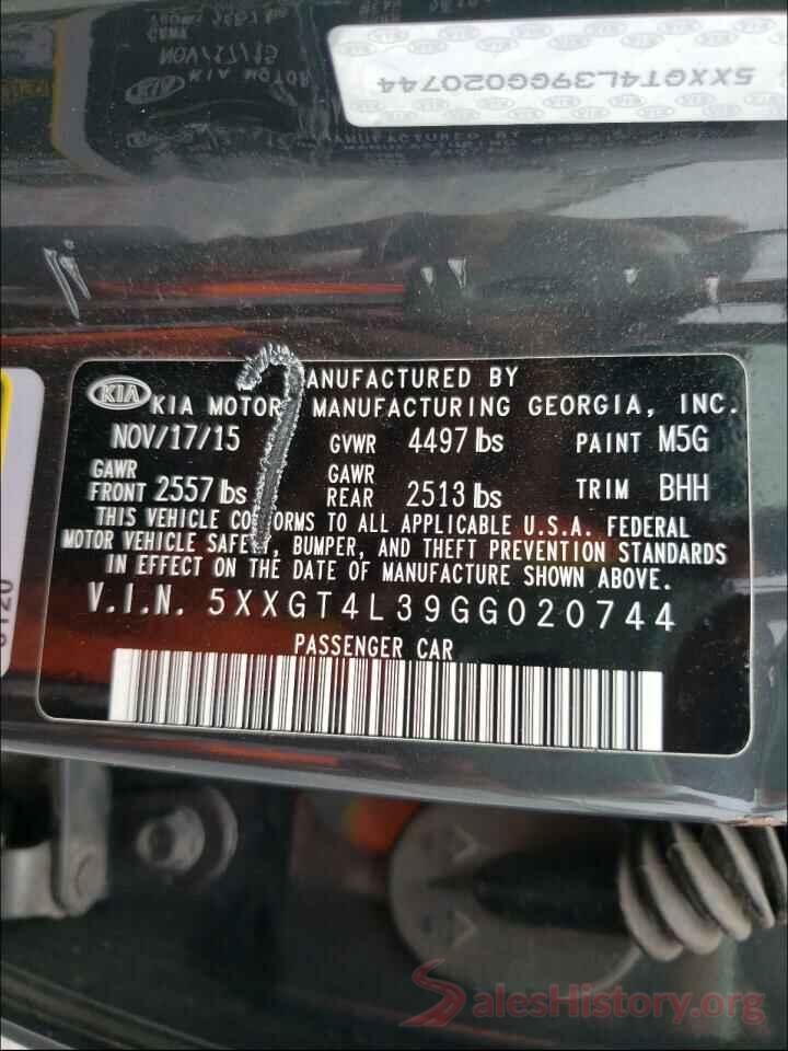 5XXGT4L39GG020744 2016 KIA OPTIMA