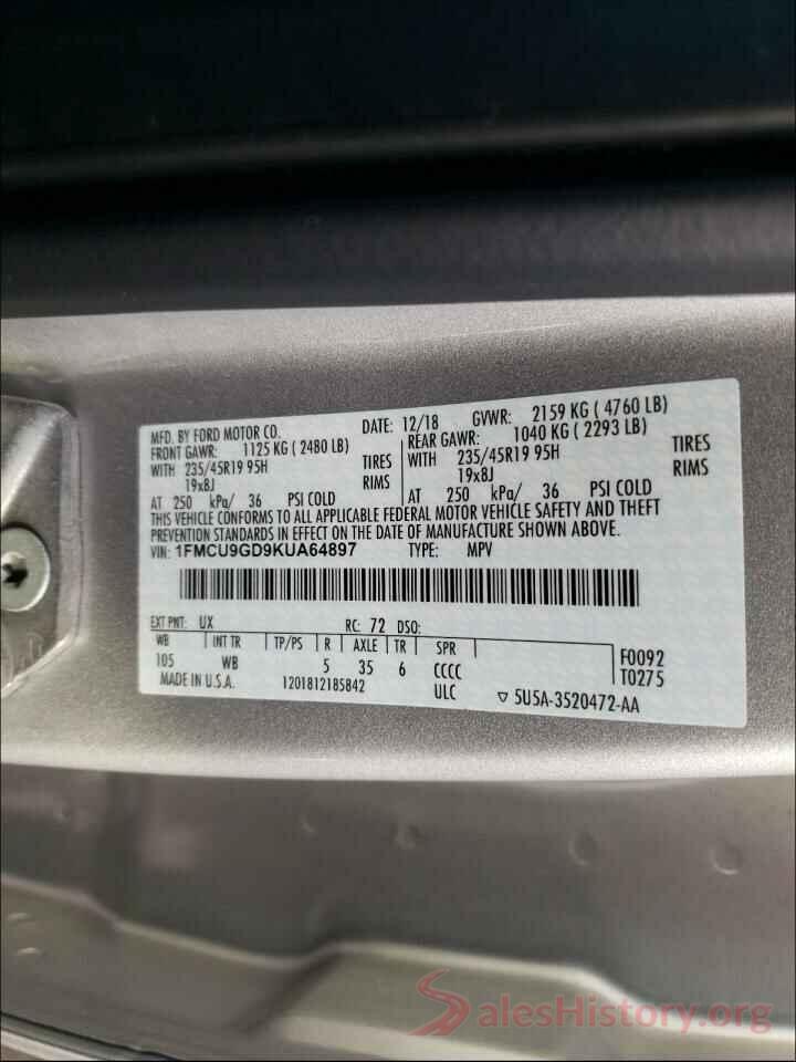 1FMCU9GD9KUA64897 2019 FORD ESCAPE