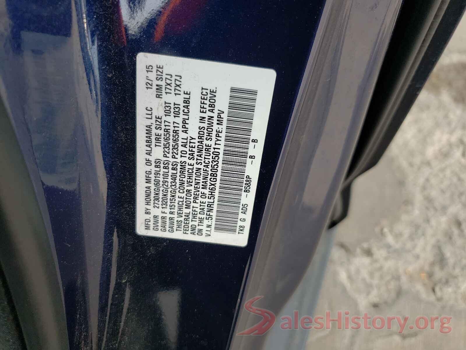 5FNRL5H6XGB053501 2016 HONDA ODYSSEY