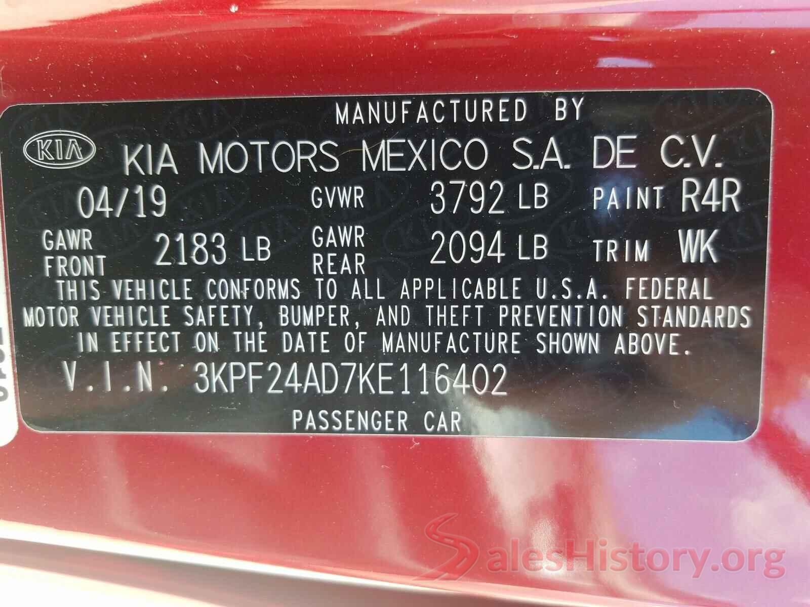 3KPF24AD7KE116402 2019 KIA FORTE