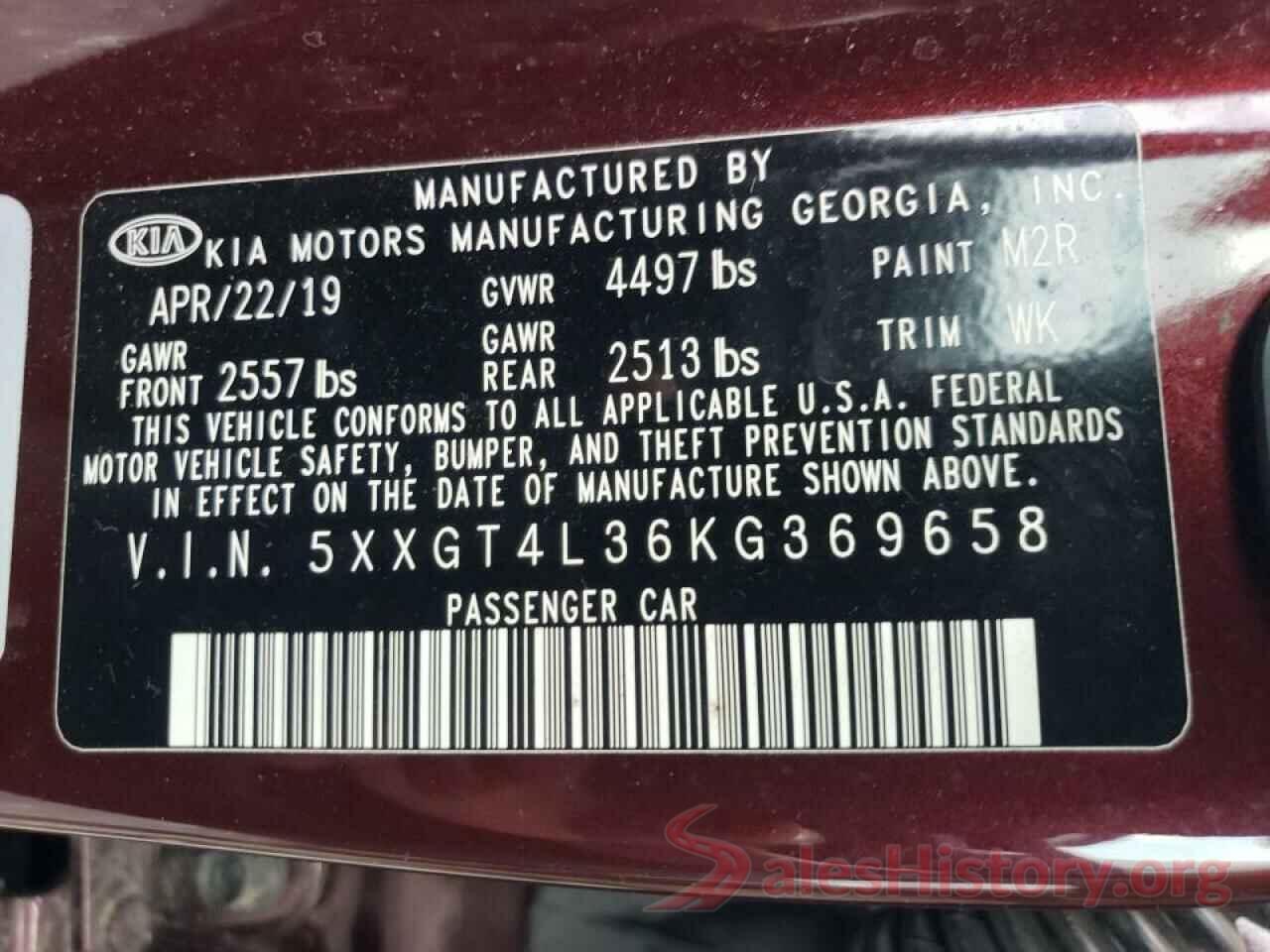 5XXGT4L36KG369658 2019 KIA OPTIMA