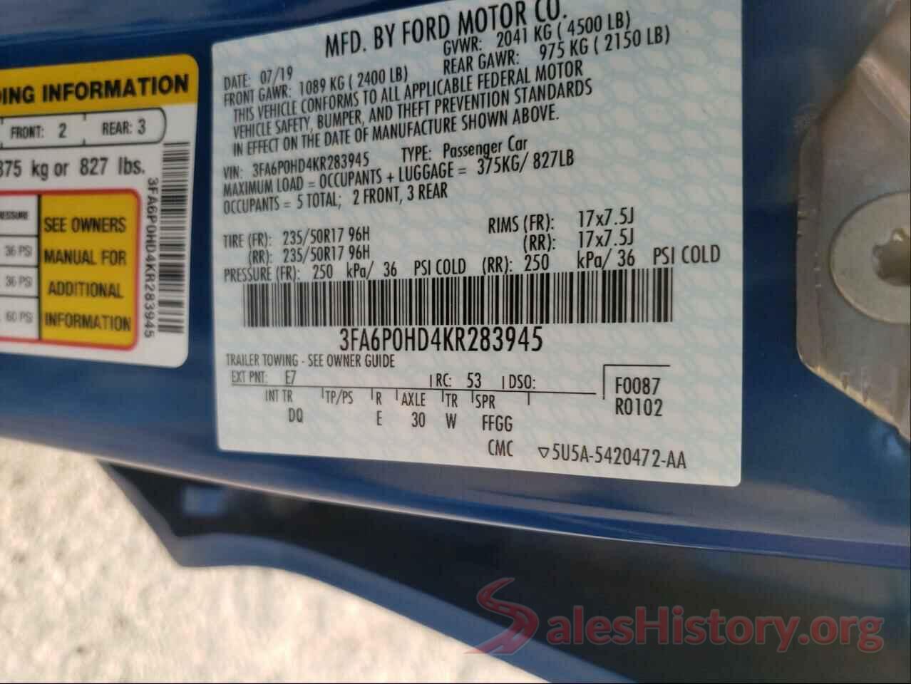 3FA6P0HD4KR283945 2019 FORD FUSION