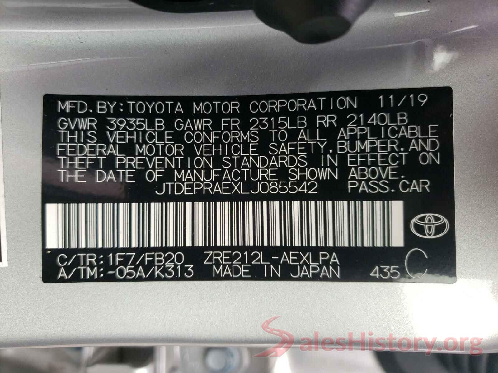 JTDEPRAEXLJ085542 2020 TOYOTA COROLLA