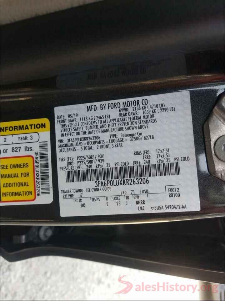 3FA6P0LUXKR263206 2019 FORD FUSION