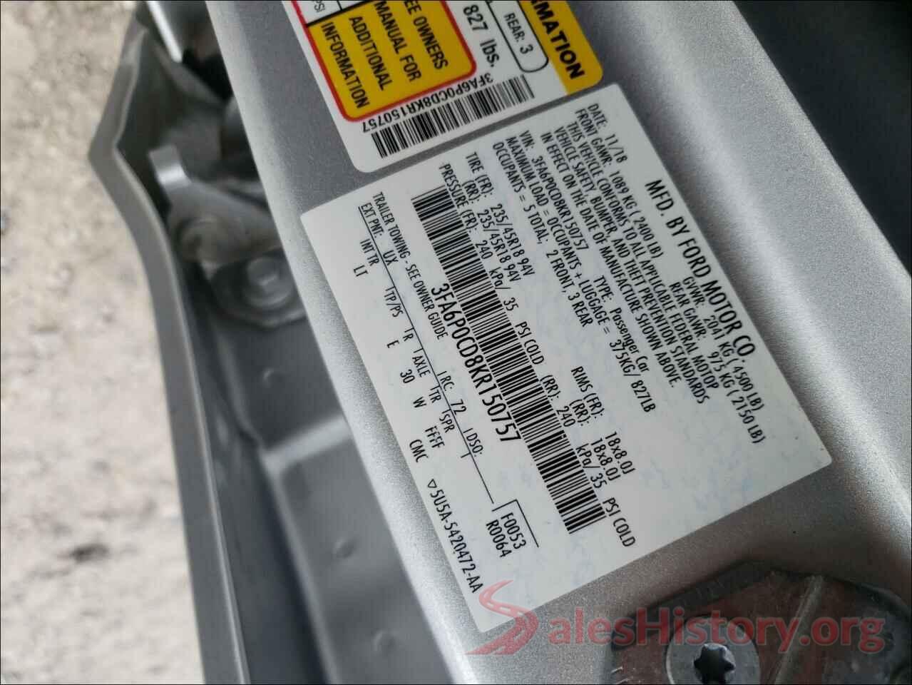 3FA6P0CD8KR150757 2019 FORD FUSION