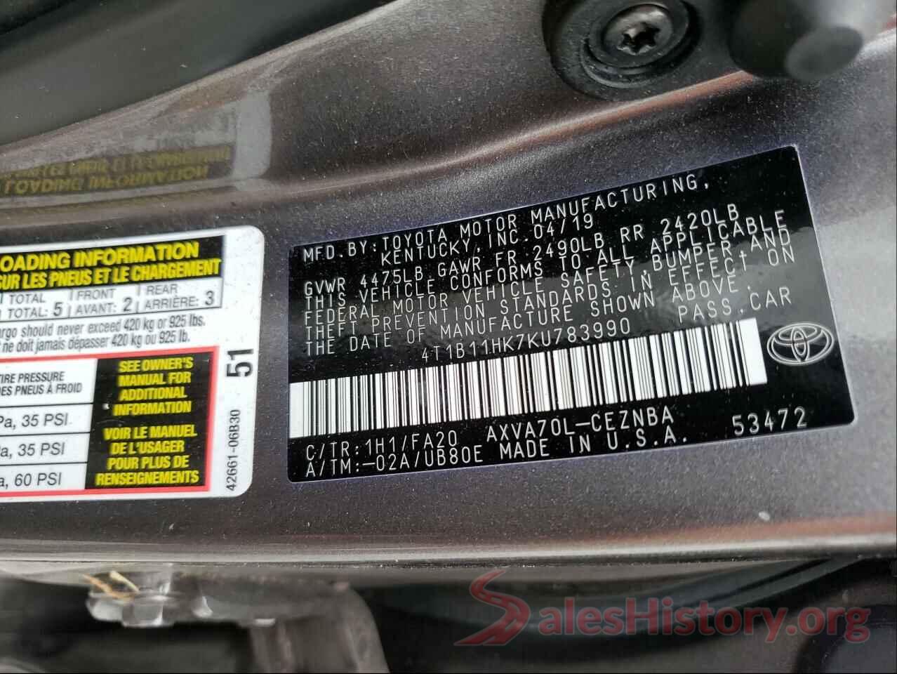 4T1B11HK7KU783990 2019 TOYOTA CAMRY