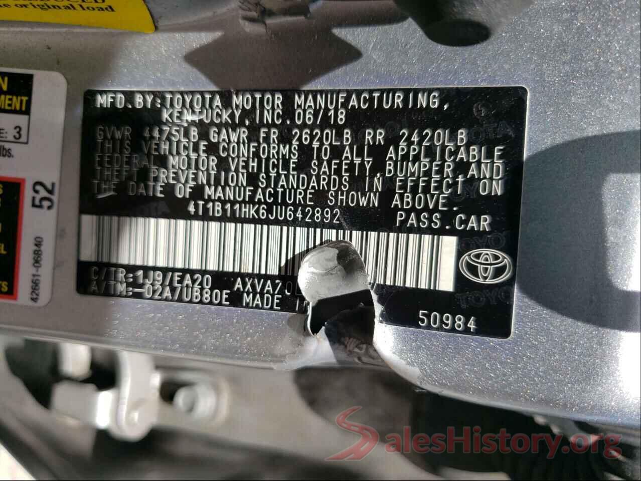 4T1B11HK6JU642892 2018 TOYOTA CAMRY