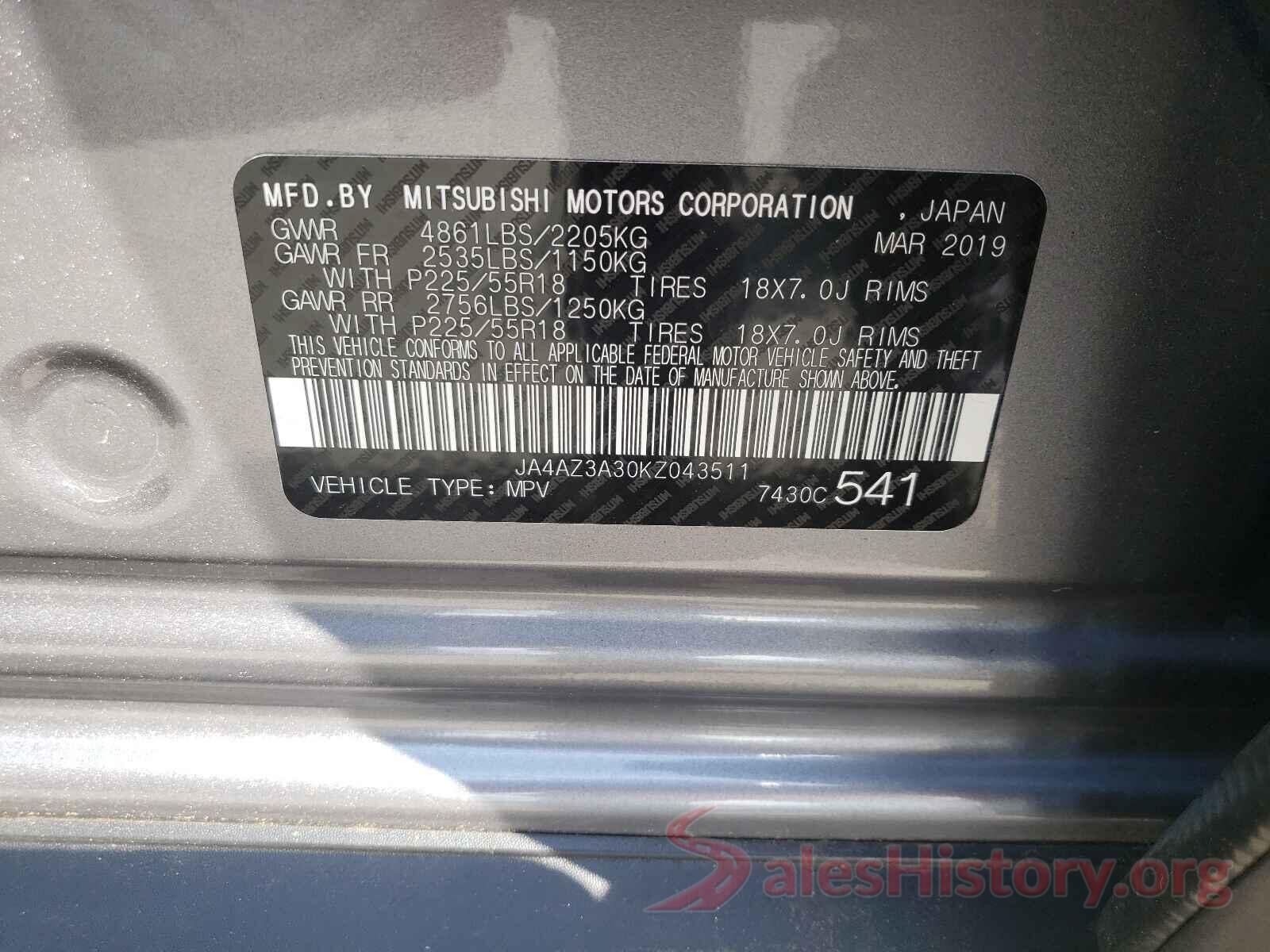 JA4AZ3A30KZ043511 2019 MITSUBISHI OUTLANDER