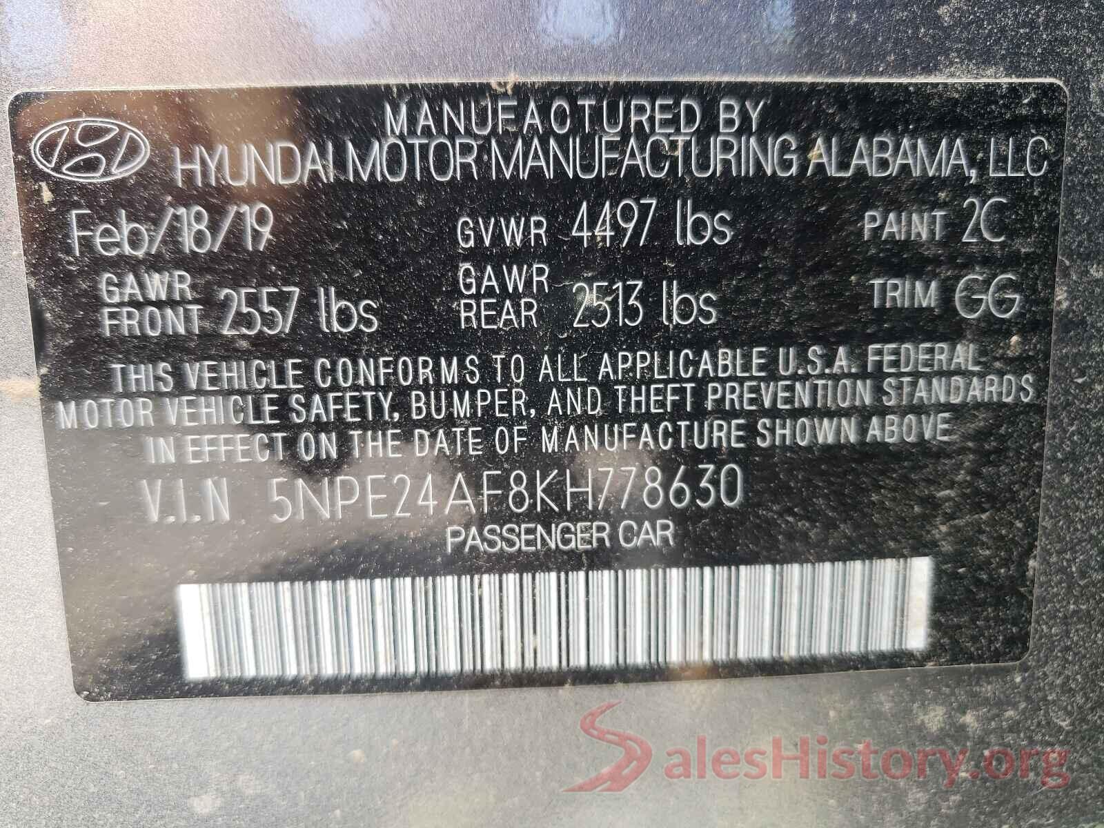 5NPE24AF8KH778630 2019 HYUNDAI SONATA