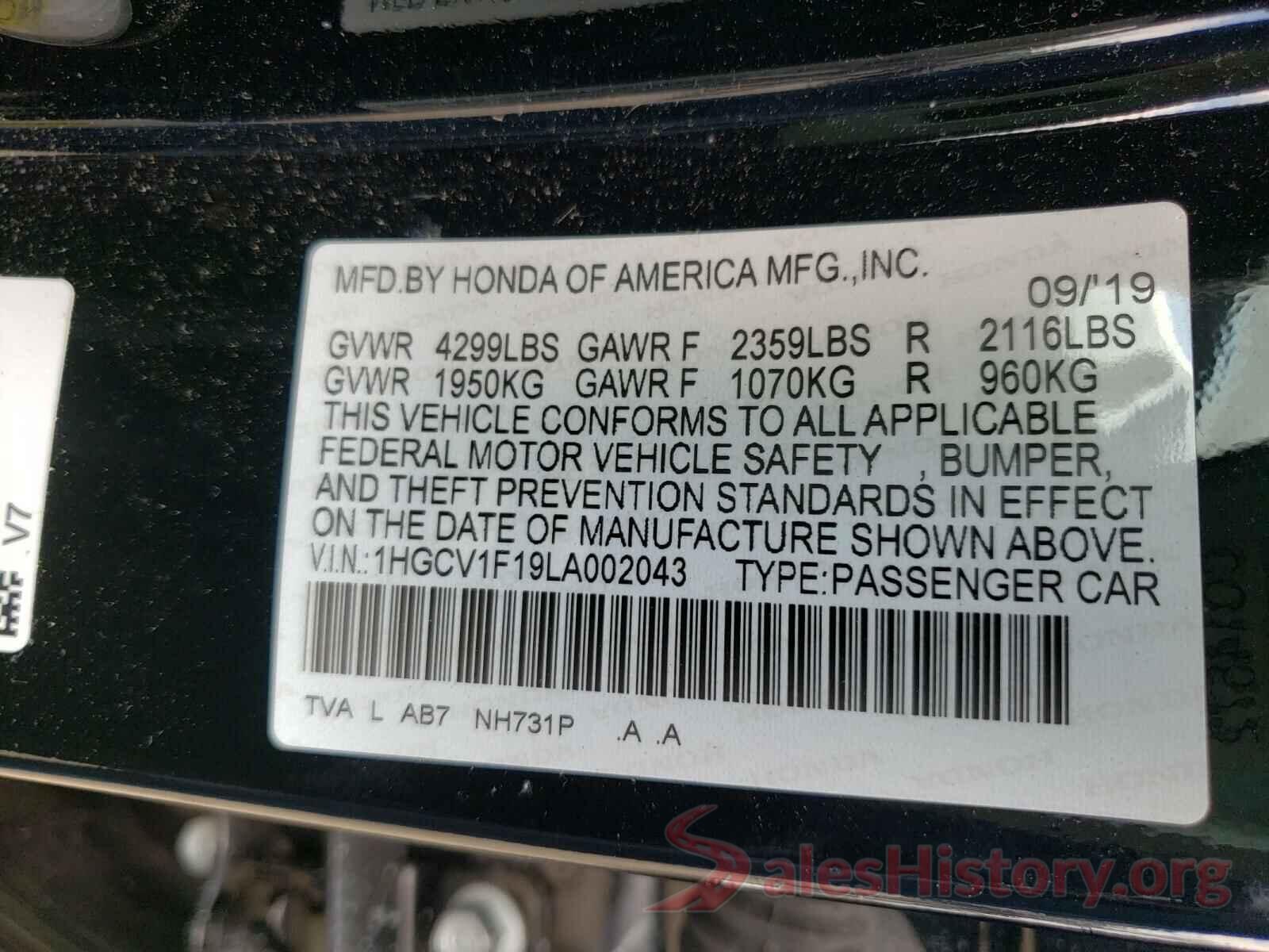 1HGCV1F19LA002043 2020 HONDA ACCORD