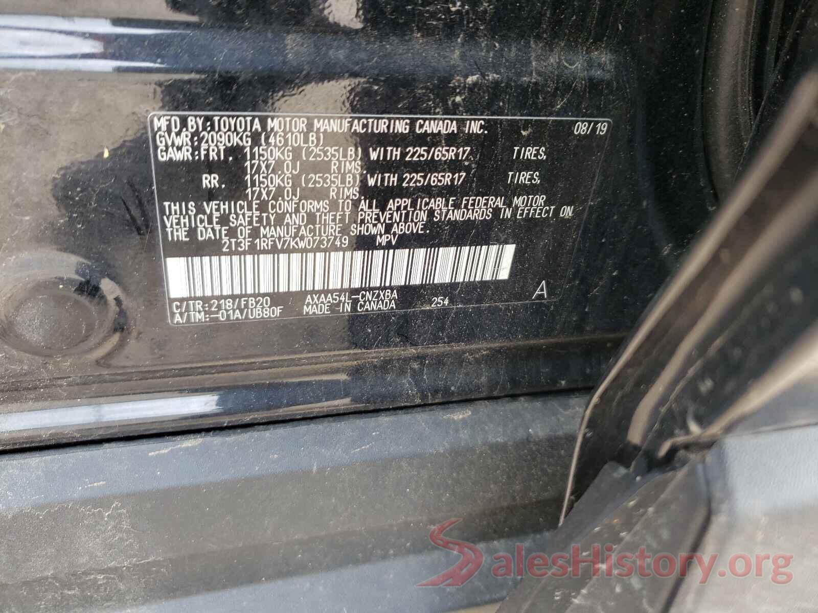 2T3F1RFV7KW073749 2019 TOYOTA RAV4