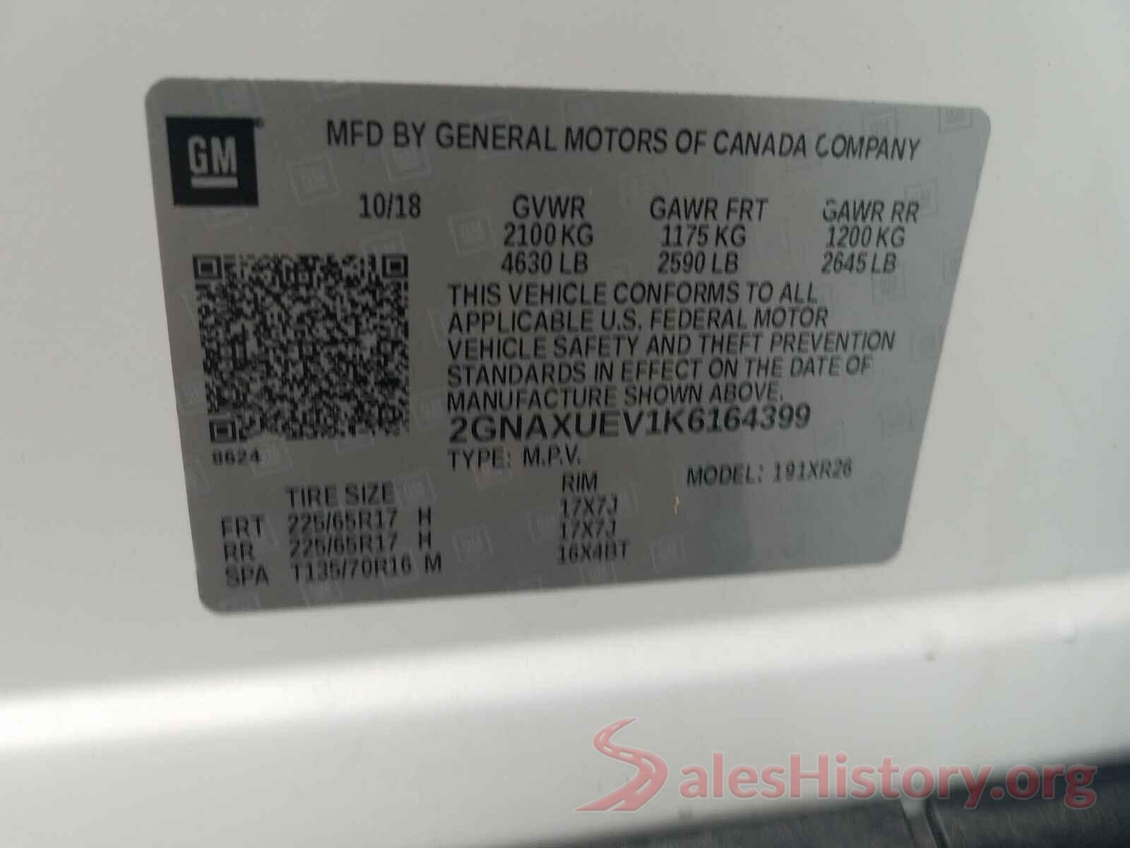 2GNAXUEV1K6164399 2019 CHEVROLET EQUINOX