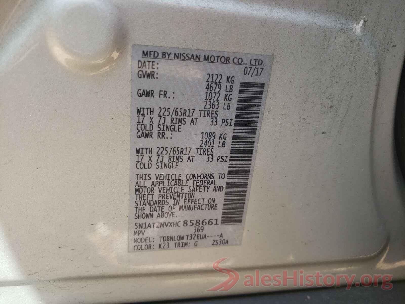 5N1AT2MVXHC858661 2017 NISSAN ROGUE