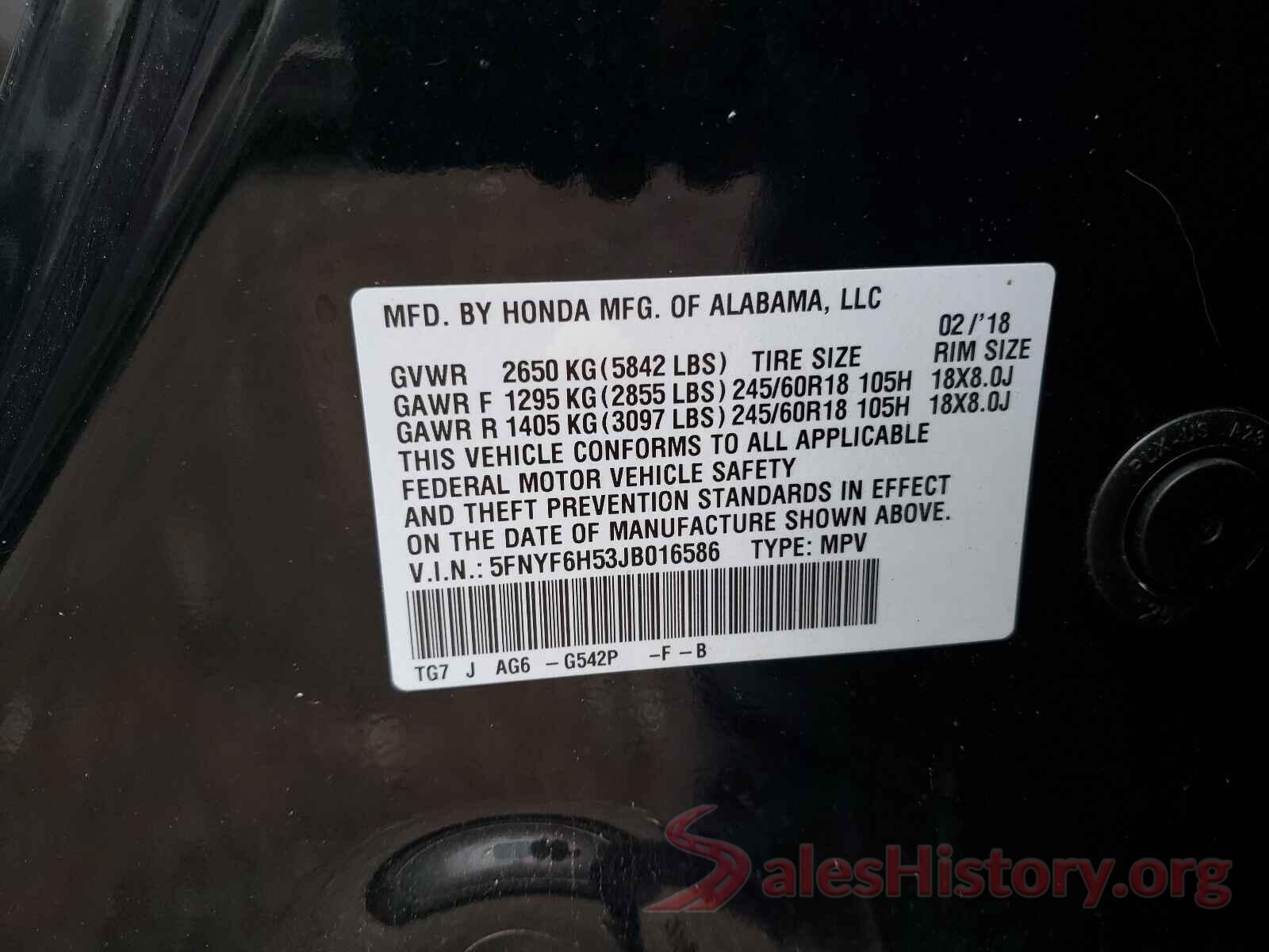 5FNYF6H53JB016586 2018 HONDA PILOT