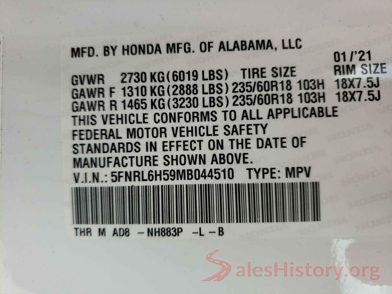 5FNRL6H59MB044510 2021 HONDA ODYSSEY