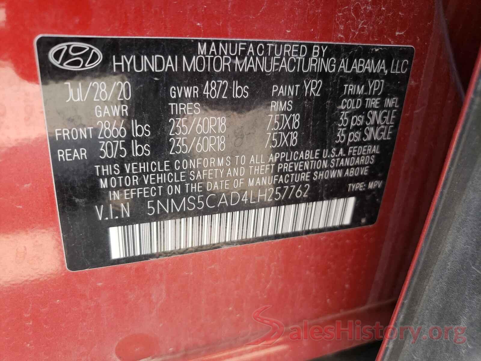 5NMS5CAD4LH257762 2020 HYUNDAI SANTA FE