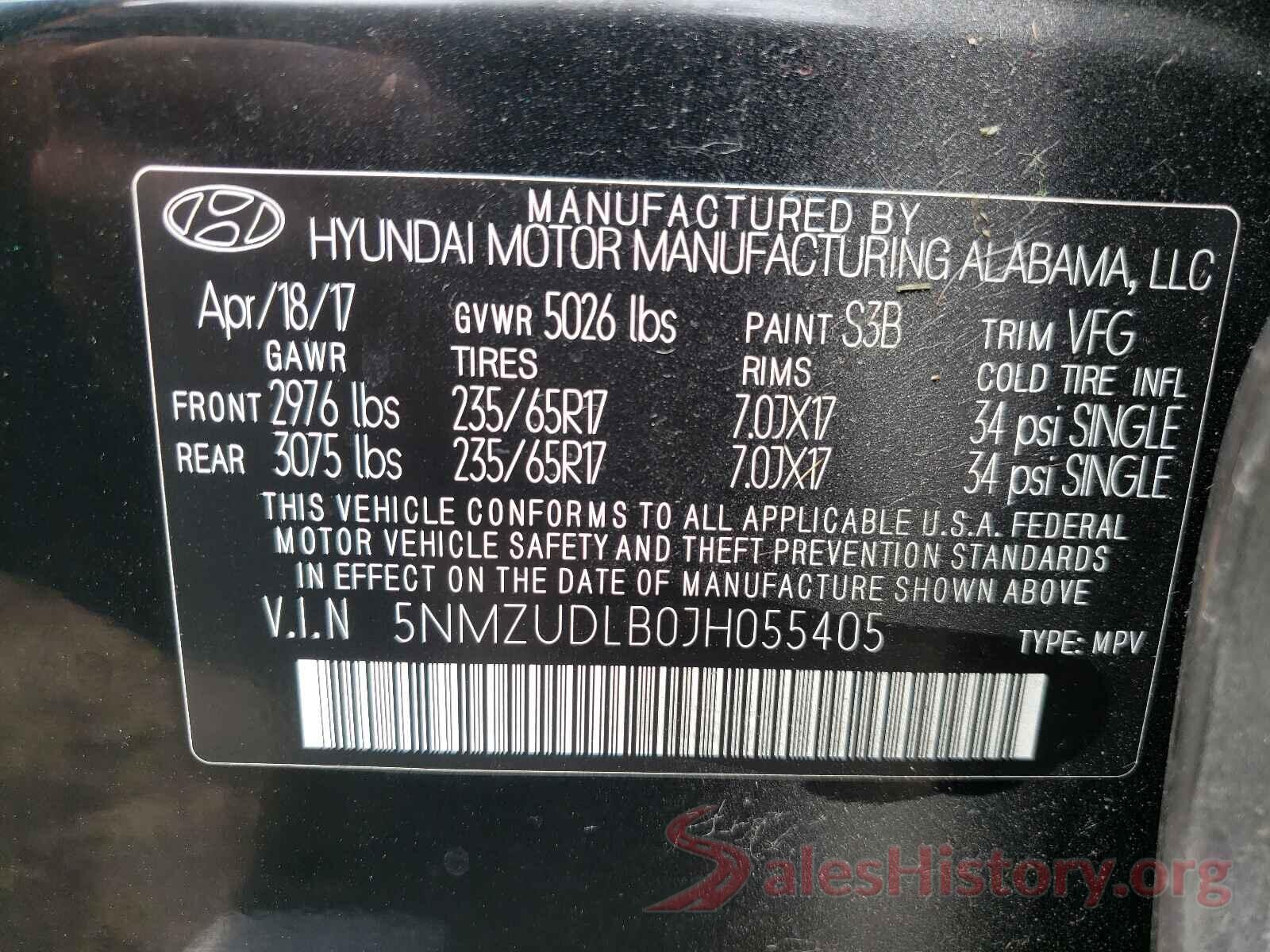 5NMZUDLB0JH055405 2018 HYUNDAI SANTA FE