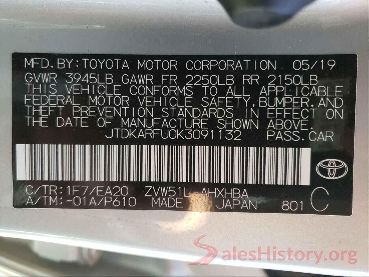 JTDKARFU0K3091132 2019 TOYOTA PRIUS