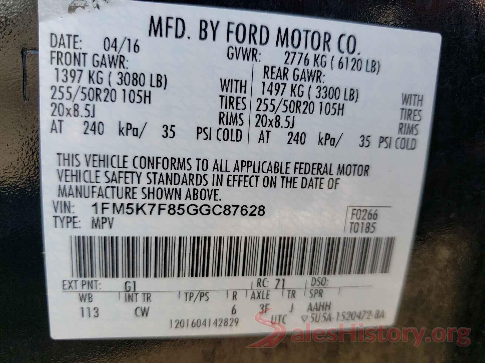 1FM5K7F85GGC87628 2016 FORD EXPLORER