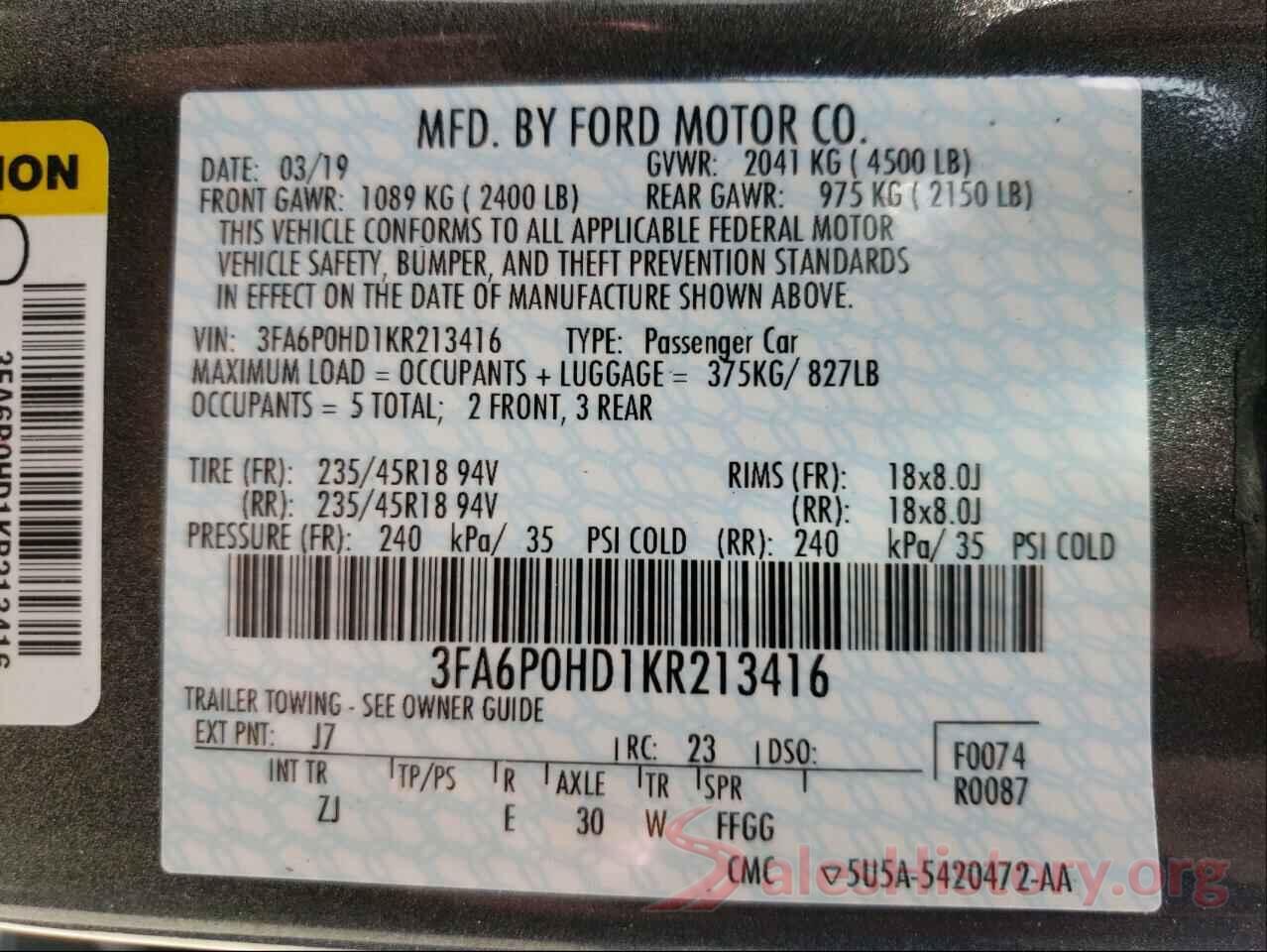 3FA6P0HD1KR213416 2019 FORD FUSION