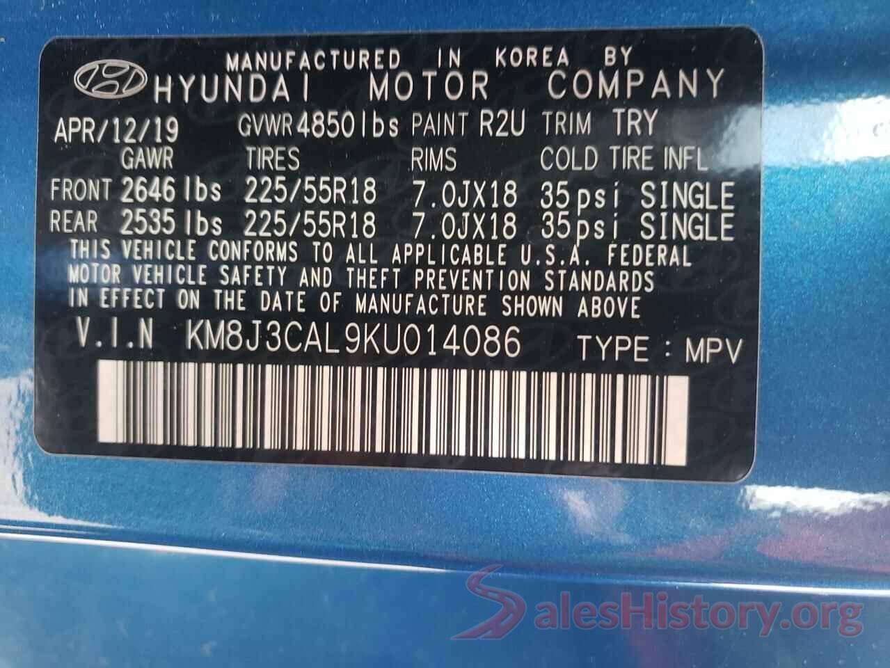 KM8J3CAL9KU014086 2019 HYUNDAI TUCSON