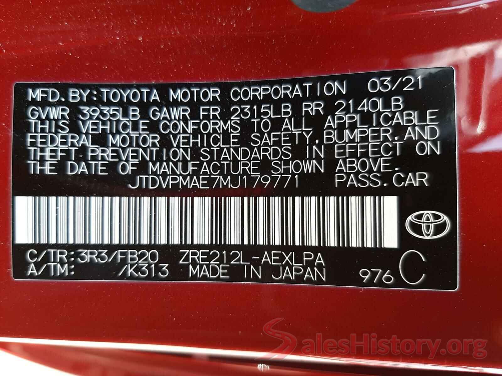 JTDVPMAE7MJ179771 2021 TOYOTA COROLLA