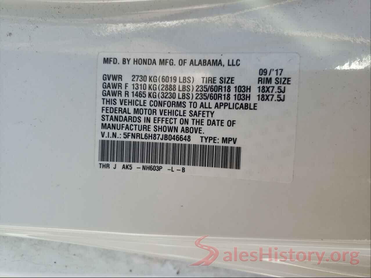 5FNRL6H87JB046648 2018 HONDA ODYSSEY