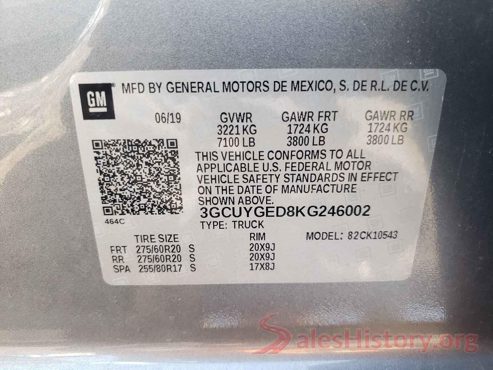 3GCUYGED8KG246002 2019 CHEVROLET SILVERADO