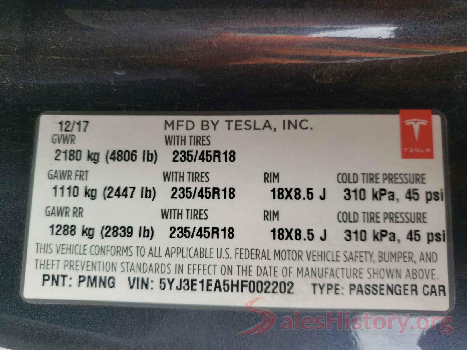 5YJ3E1EA5HF002202 2017 TESLA MODEL 3