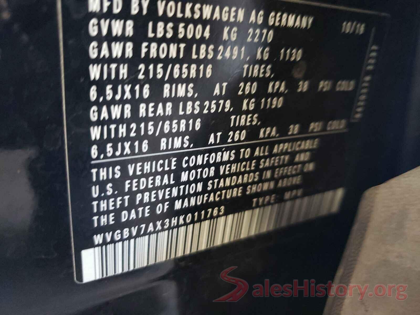 WVGBV7AX3HK011763 2017 VOLKSWAGEN TIGUAN