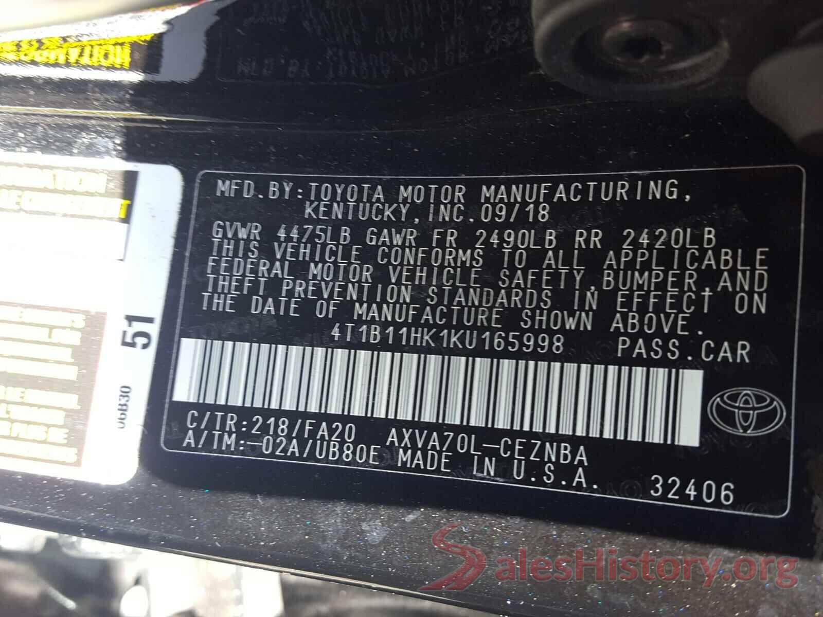 4T1B11HK1KU165998 2019 TOYOTA CAMRY