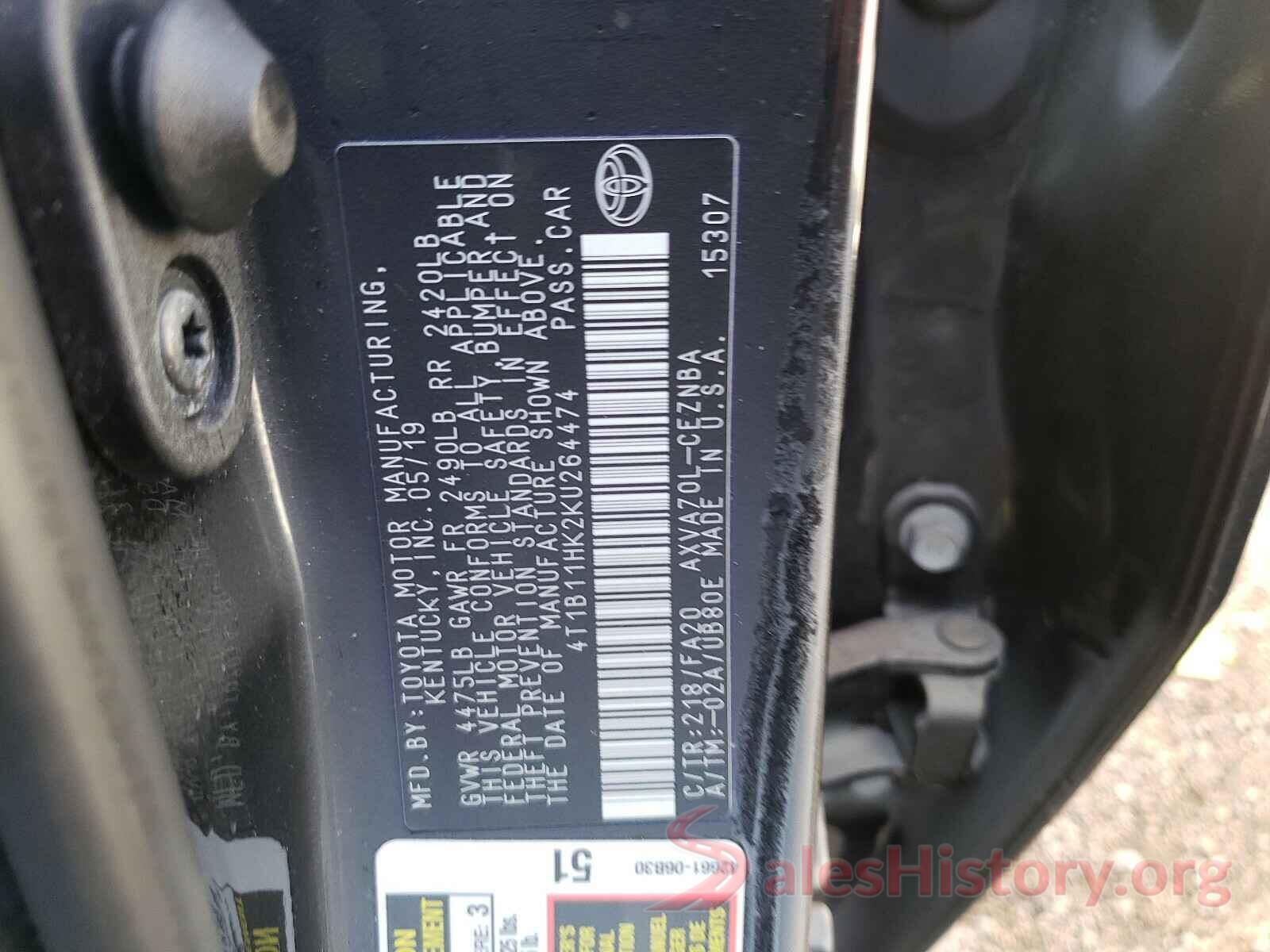 4T1B11HK2KU264474 2019 TOYOTA CAMRY