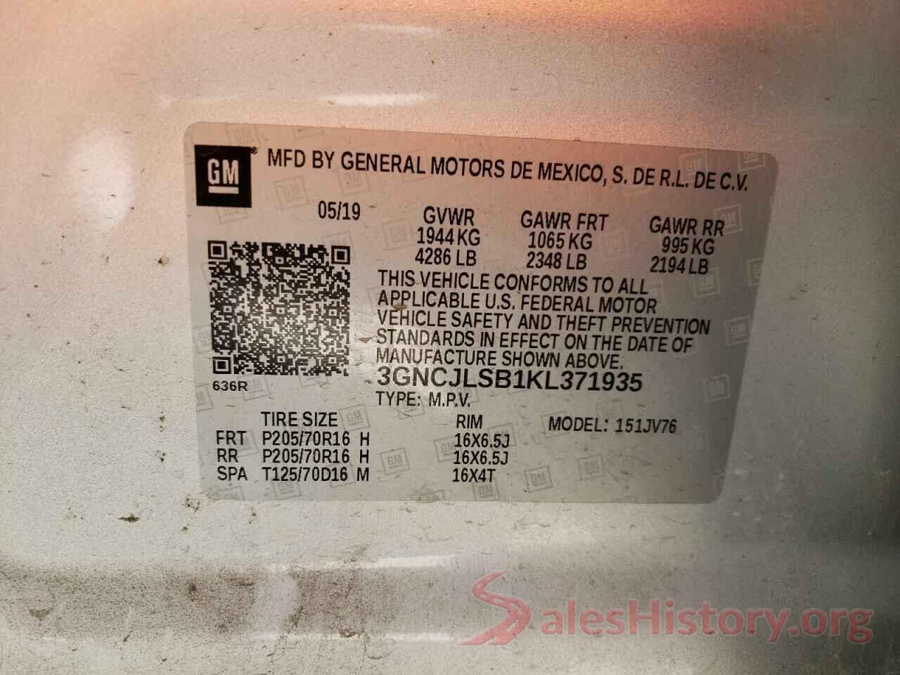 3GNCJLSB1KL371935 2019 CHEVROLET TRAX