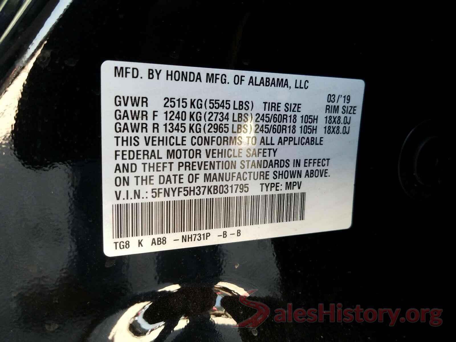 5FNYF5H37KB031795 2019 HONDA PILOT