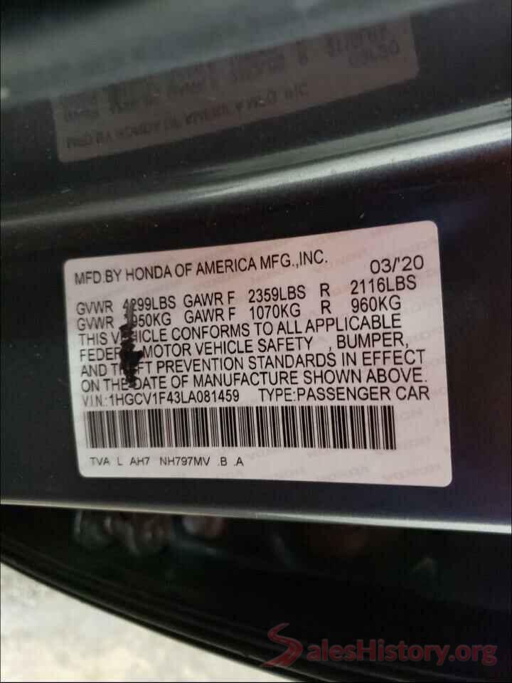 1HGCV1F43LA081459 2020 HONDA ACCORD