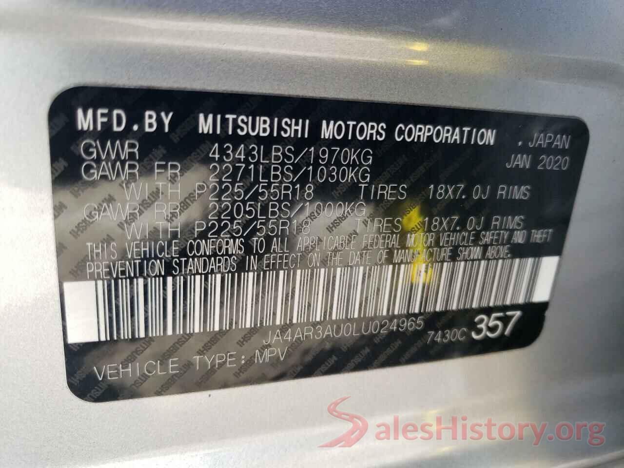 JA4AR3AU0LU024965 2020 MITSUBISHI OUTLANDER