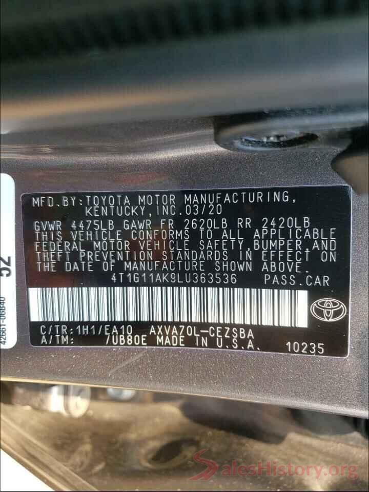 4T1G11AK9LU363536 2020 TOYOTA CAMRY