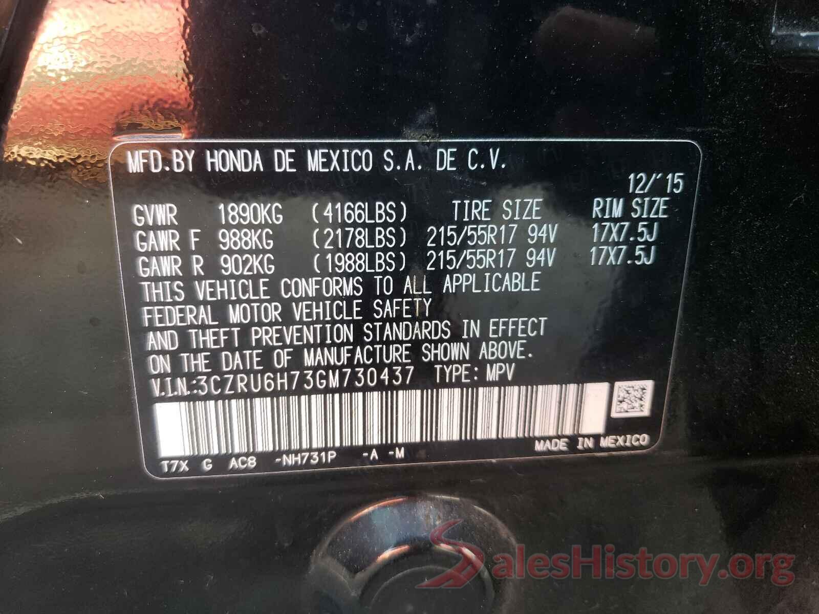 3CZRU6H73GM730437 2016 HONDA HR-V