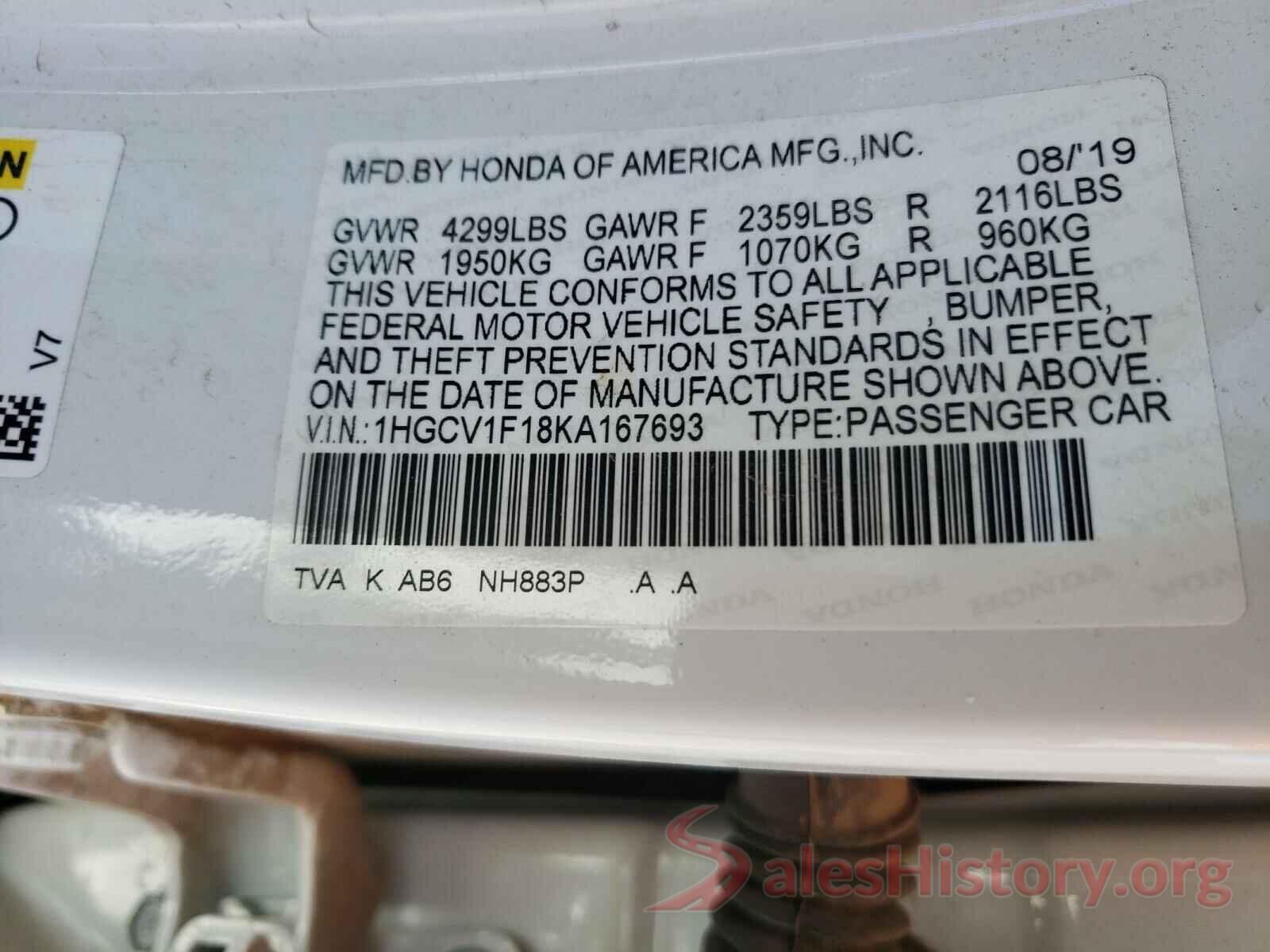 1HGCV1F18KA167693 2019 HONDA ACCORD