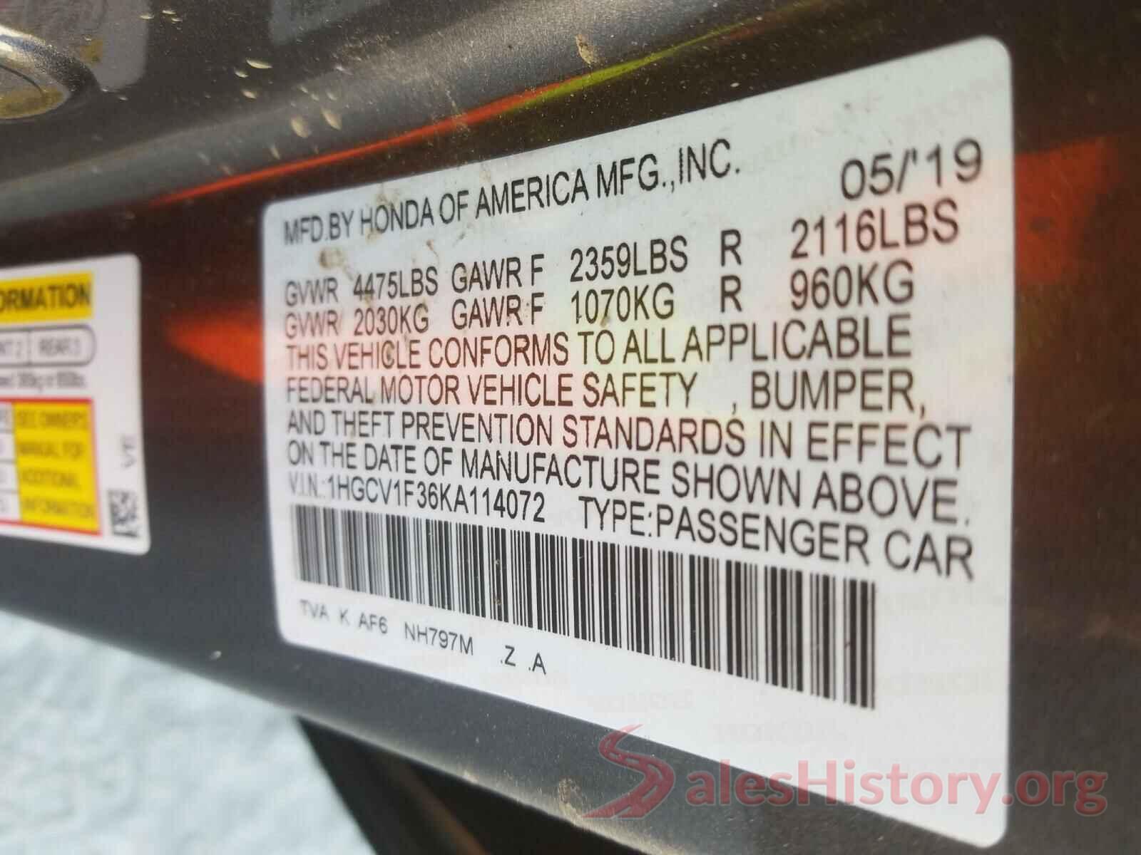 1HGCV1F36KA114072 2019 HONDA ACCORD