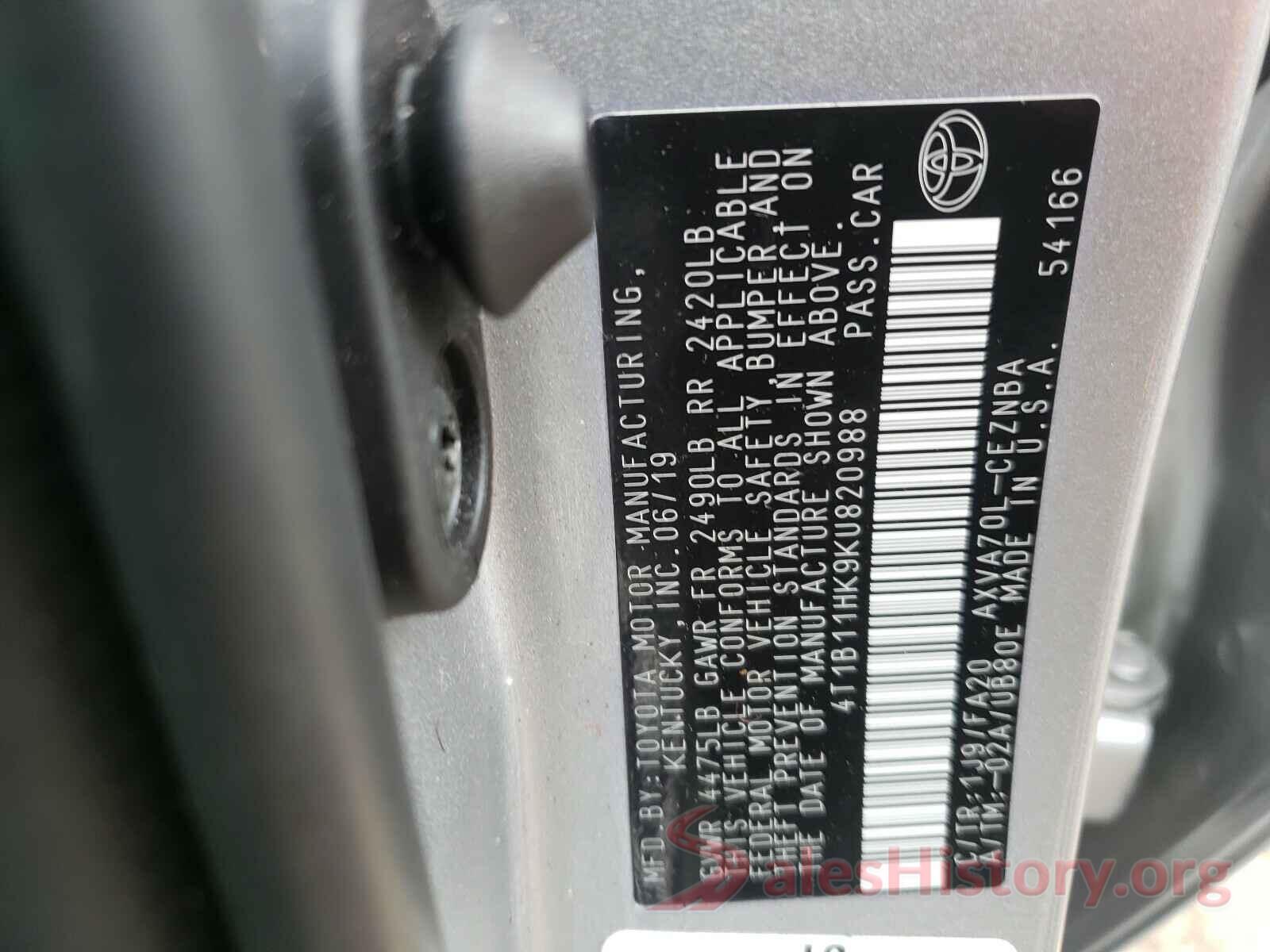 4T1B11HK9KU820988 2019 TOYOTA CAMRY